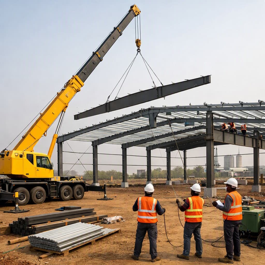 Tapered built-up PEB rafters being erected by a mobile crane, with roof purlins, wall girts and cross bracing installed at an Indian industrial project site