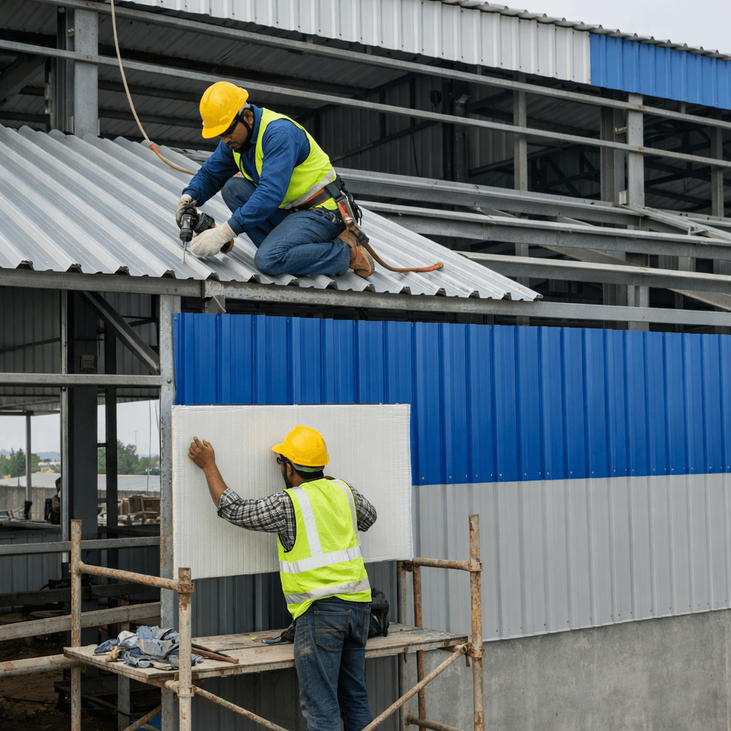 Pre-engineered steel shed frame being erected at an industrial construction site